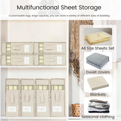 Simple&Opulence 4 Pack Bed Sheet Organizers and Storage, Linen Closet Organizers, Sheets Set Folder Storages with Window and Label (Queen/King Size) Organizing Bedding Container, Linen