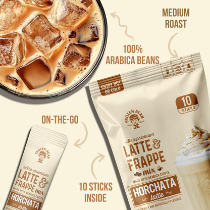 The Frozen Bean Vanilla Bean Frappe & Latte Instant Mix (10 Sticks), Made with Arabica Coffee, Double Shot Caffeine, Low Sugar & Premium Ingredients, Hot, Iced, or Blended Drinks