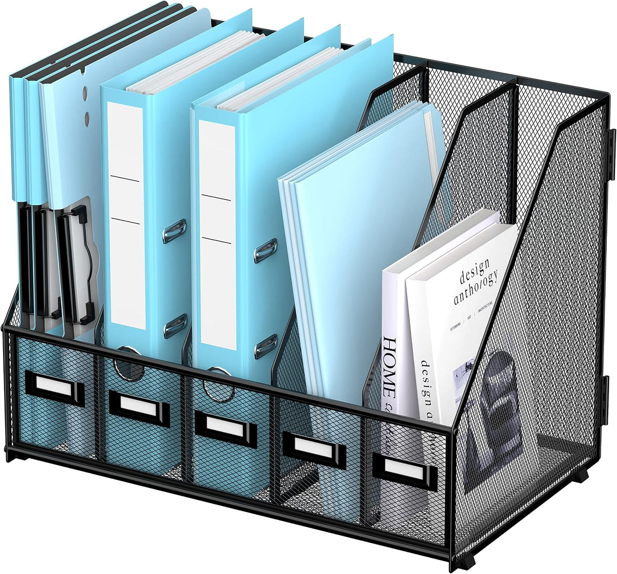 SUPEASY Desk Organizers Metal Desk Magazine File Holder with 5 Vertical Compartments Rack File Organizer for Office Desktop, Classroom, Home Workspace, Black