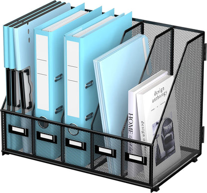 SUPEASY Desk Organizers Metal Desk Magazine File Holder with 5 Vertical Compartments Rack File Organizer for Office Desktop, Classroom, Home Workspace, Black