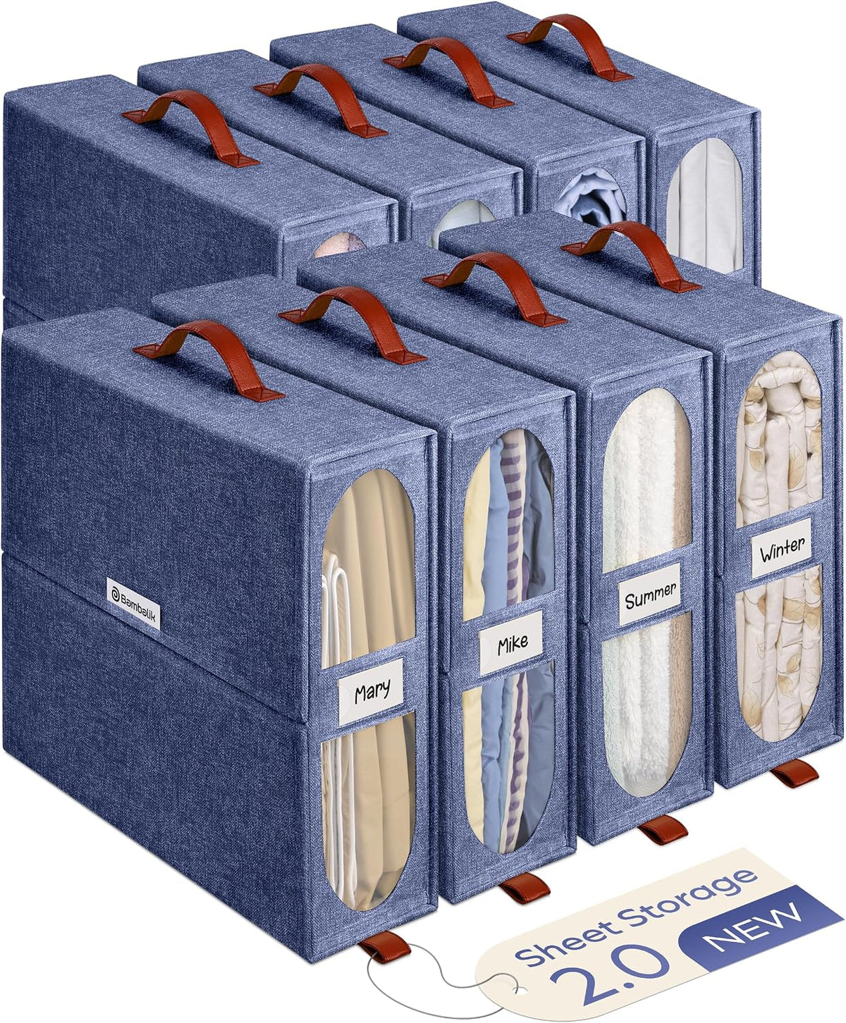 4x Bed Sheet Organizer Storage Boxes with Big See-Through Windows - Bedsheet Organizers Redesigned. Robust Bed Sheet Storage -15x13x5 in. Sheet Organizers Containers (Off-White)