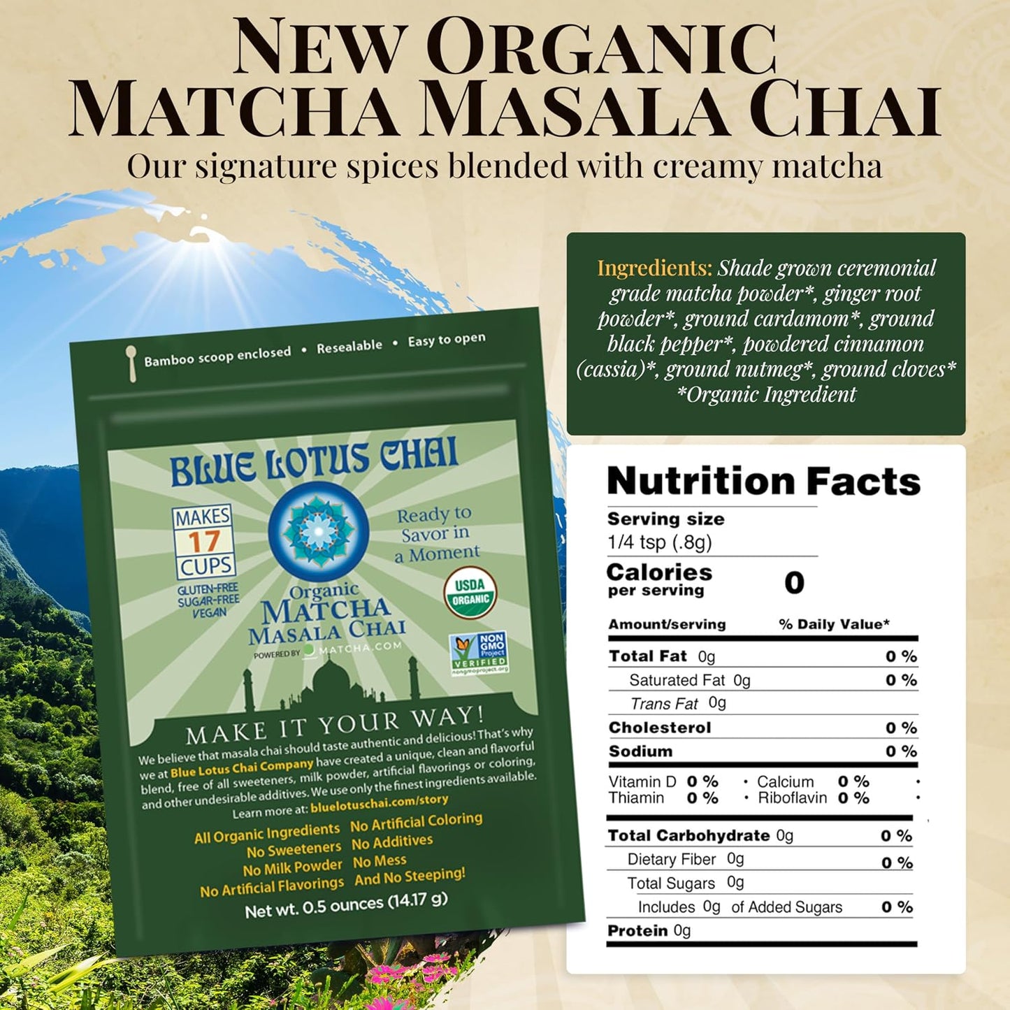 Blue Lotus Chai - Rooibos Flavor Masala Chai - Makes 65 Cups - 2 Ounce Masala Spiced Chai Powder with Organic Spices - Instant Indian Tea No Steeping - No Gluten
