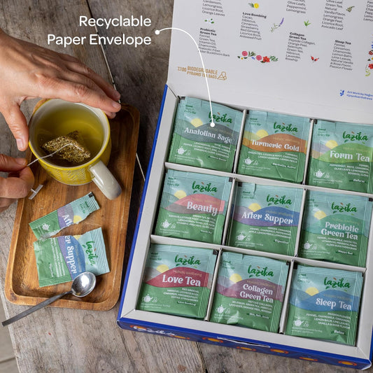 Lazika Herbal Tea Variety Pack with Lovely Presentation Box, Holistic Wellbeing Tea Assortment Gift Set, Premium Collection with Pyramid Infuser Bag, Handcrafted