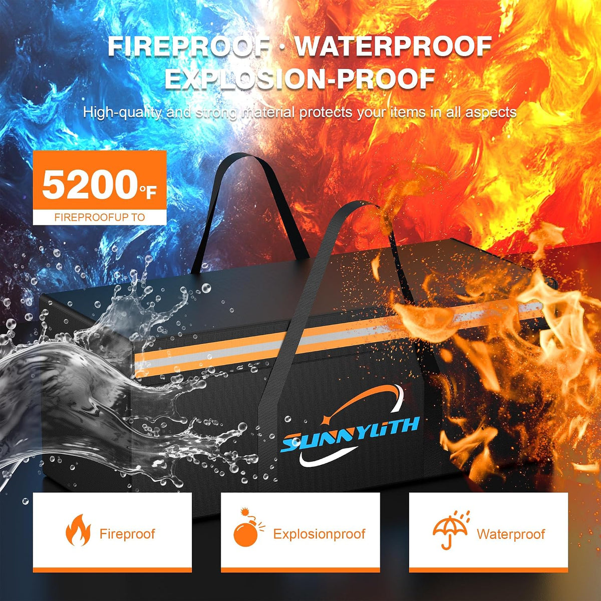 Large Fireproof Document Bags, 24x12x12" Waterproof Storage Firesafe Bag, Large Capacity Waterproof Photo Storage Box with Reflective Strip for Valuables & Passport, Silicone Coating & Zipper Closure
