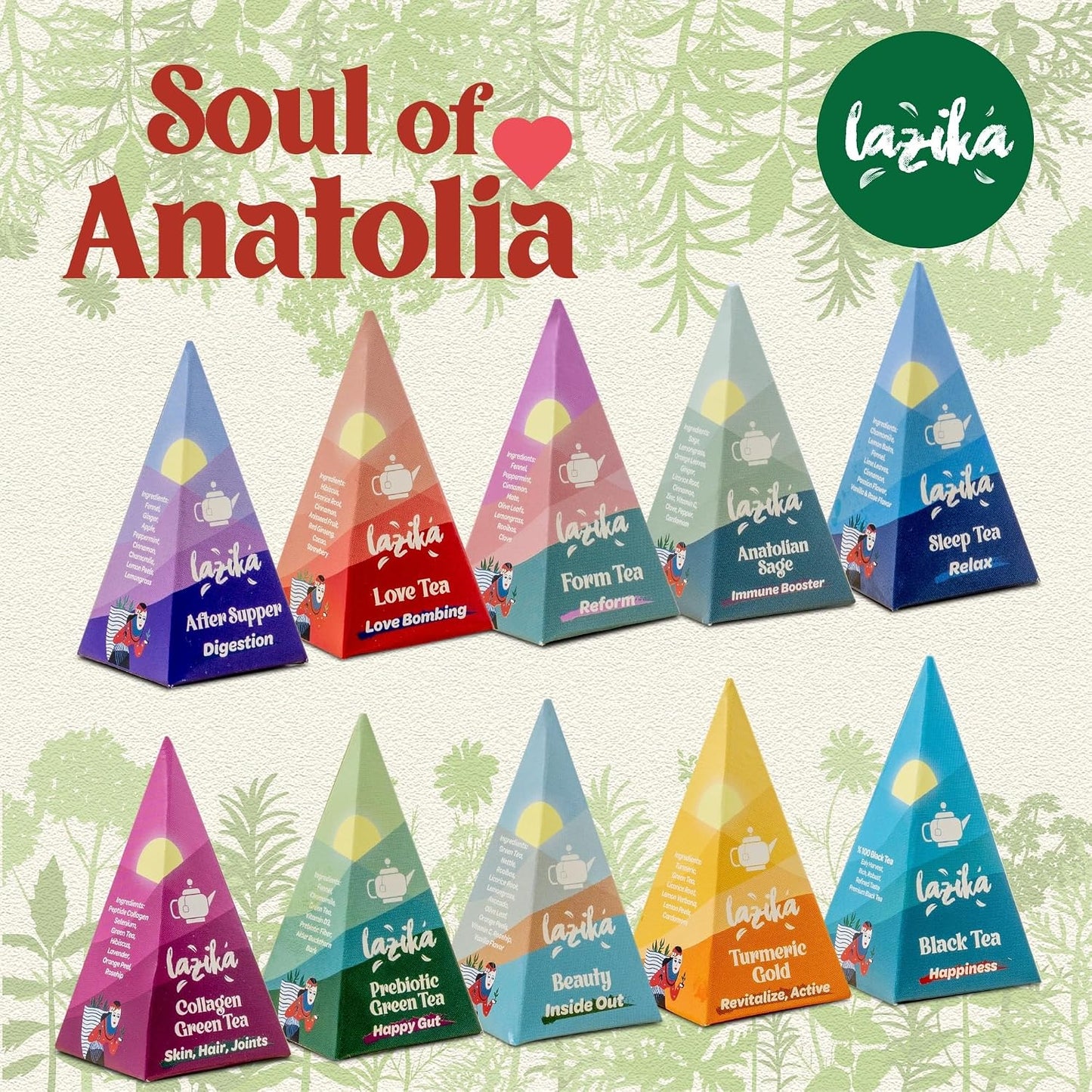 Lazika Tea Sampler with Premium Presentation Box, 10 Counts, Mothers Day Gifts, 2 of Each Blend Individually Wrapped, Black, Green and Herbal Tea Variety Gift Set, Collection with Pyramid Infuser Bag