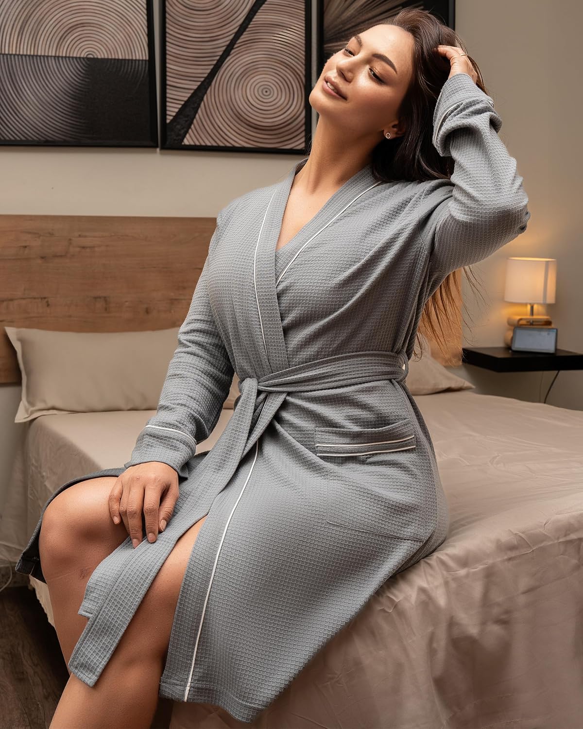Cotton Blend Lightweight Waffle Robe for Women Knee-Length Soft Bathrobe