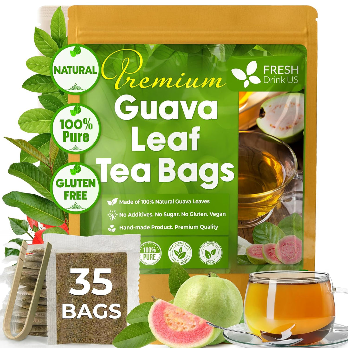 FreshDrinkUS, Premium 35 Guava Leaf Tea Bags, 100% Natural & Pure. Loose Leaf Guava Herbal Tea. No Sugar, No Caffeine, No Gluten, Vegan.