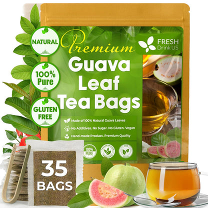 FreshDrinkUS, Premium 35 Guava Leaf Tea Bags, 100% Natural & Pure. Loose Leaf Guava Herbal Tea. No Sugar, No Caffeine, No Gluten, Vegan.