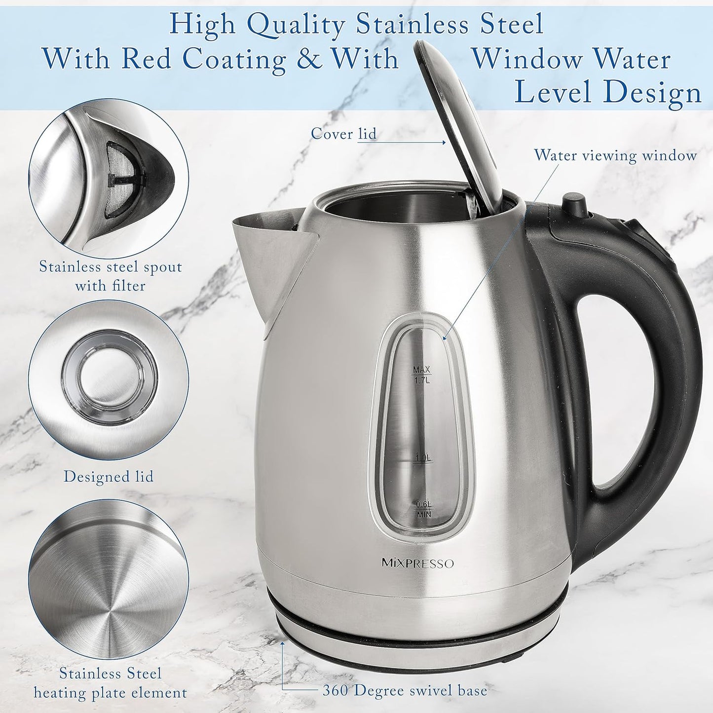 Mixpresso Electric Kettle Temperature Control, Hot Water Kettle Electric, Cordless 1 Liter Capacity, Keep Warm & LED Indicator, Auto-Shutoff, Boil-Dry Protection, Stainless Steel Electric Kettle