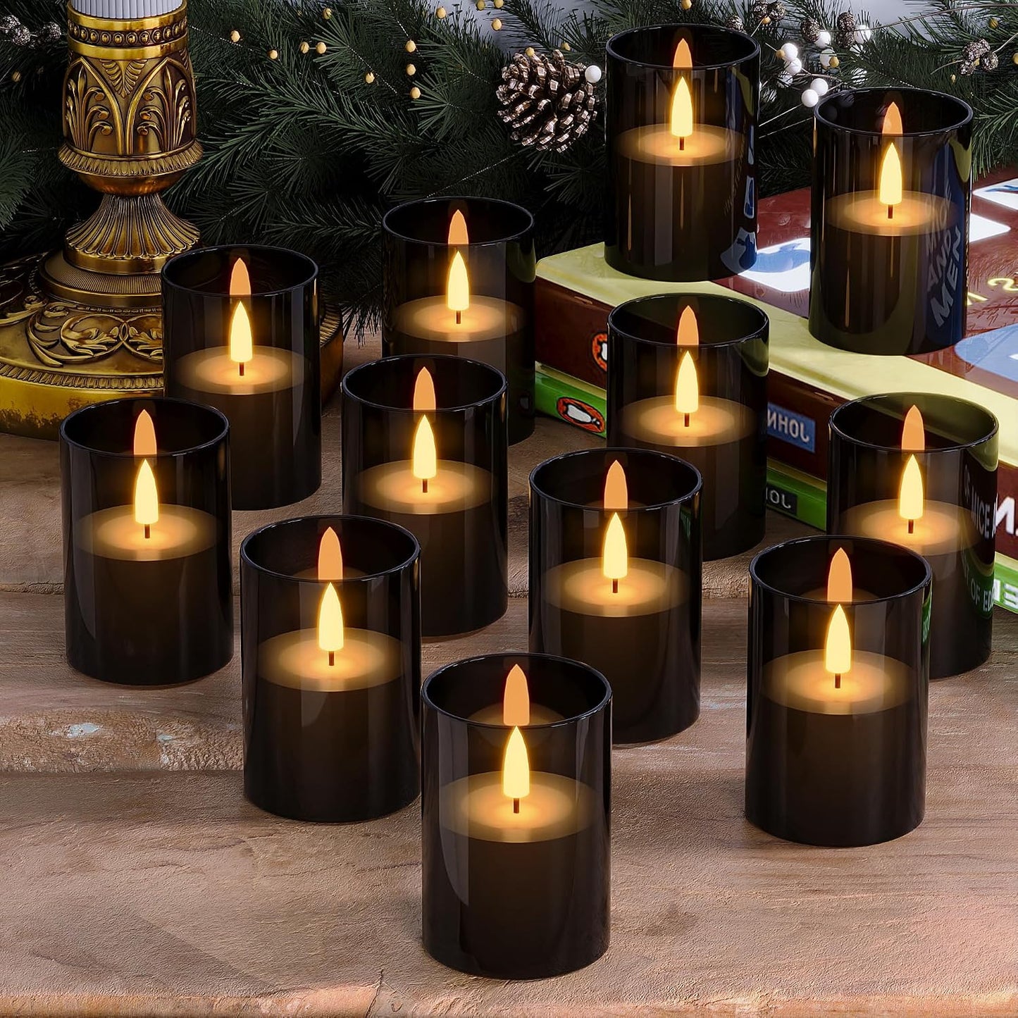 VIODAIM 12Pack Flickering Flameless LED Candles with Timer, Battery Powered - Small Pillar & Votive, Clear (2"X3")
