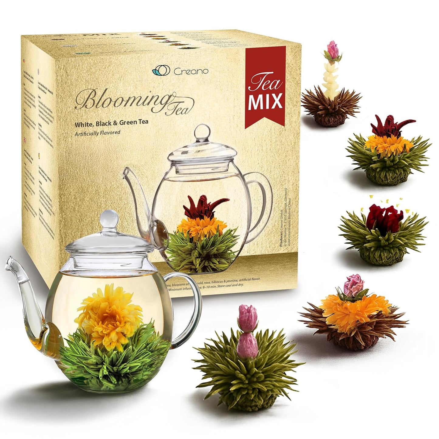 Creano Blooming Tea Gift Set with Glass Teapot 17oz (500ml) - Green Tea Fruity Flavoured Tea Flowers in 6 Varieties - Flowering Tea Gift for Easter
