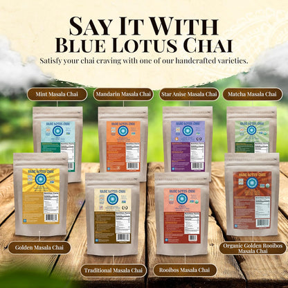 Blue Lotus Chai - Rooibos Flavor Masala Chai - Makes 65 Cups - 2 Ounce Masala Spiced Chai Powder with Organic Spices - Instant Indian Tea No Steeping - No Gluten