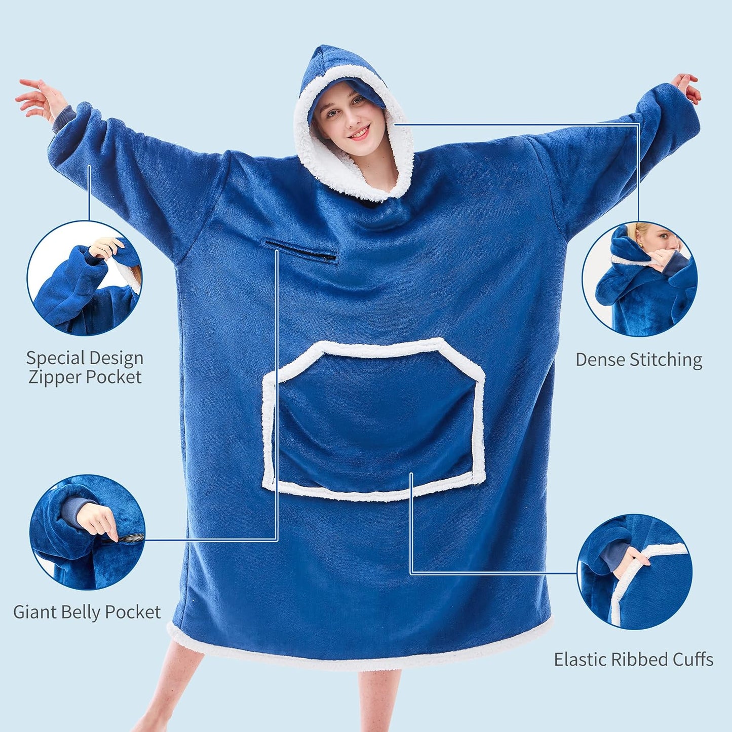 IFNOW Wearable Blanket Hoodie, Oversized Sherpa Fleece Hooded Blanket Sweatshirt with Eye Mask and Pocket, Comfy Long Flannel Blanket for Adults Men,Gifts for Women Mom Girlfriend,MoonFace