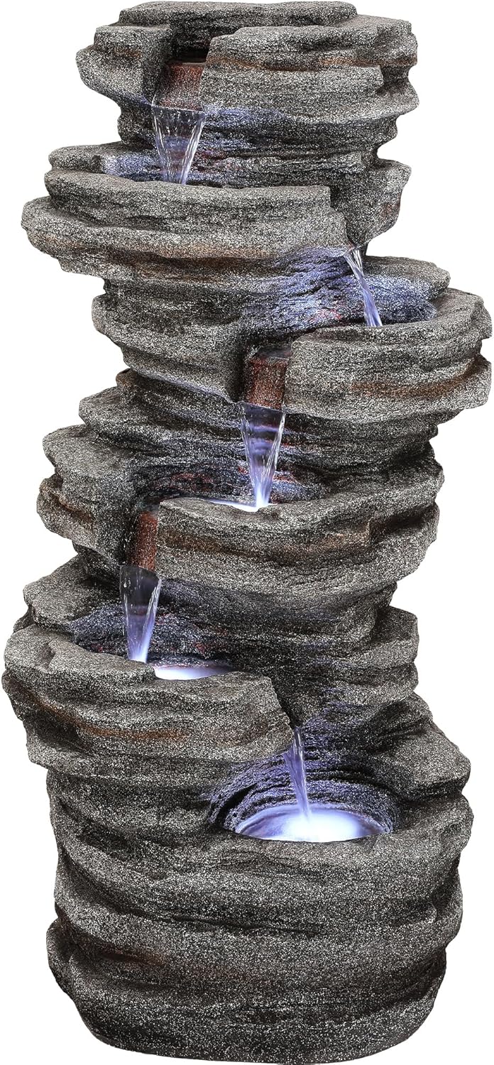 19.5" H 4-Tier Indoor & Outdoor Water Fountain with LED Lights | Resin Pebble Textured Tabletop Cascading Water Feature, Relaxing Decor for Patio, Porch, Deck, Yard & Home