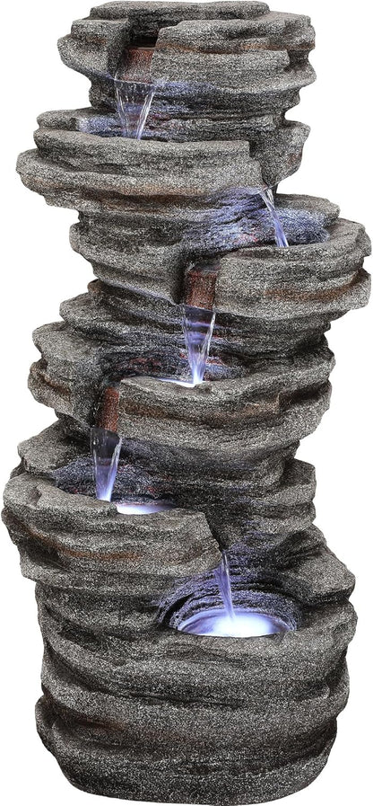 19.5" H 4-Tier Indoor & Outdoor Water Fountain with LED Lights | Resin Pebble Textured Tabletop Cascading Water Feature, Relaxing Decor for Patio, Porch, Deck, Yard & Home