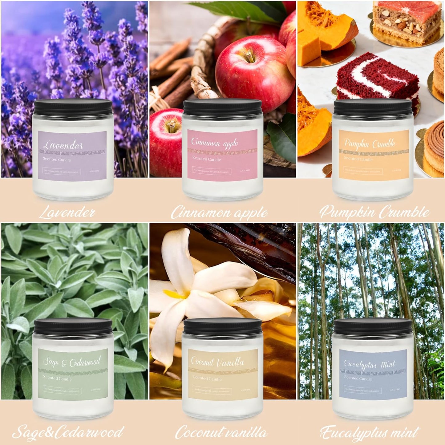 Scented Candles Gift Set, Long Lasting 6 Pack Aromatherapy Candles for Home, 42 oz 300 Hour Burn, Lavender Jasmine Vanilla Sage Sandalwood Rose Eucalyptus Mint, Gifts for Women