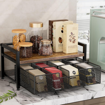 Tea Bag Organizer, Tea Bag Holder with Drawer, Wood and Metal Tea Organizers and Storage Chest for Countertop Kitchen, Office, Rustic Brown