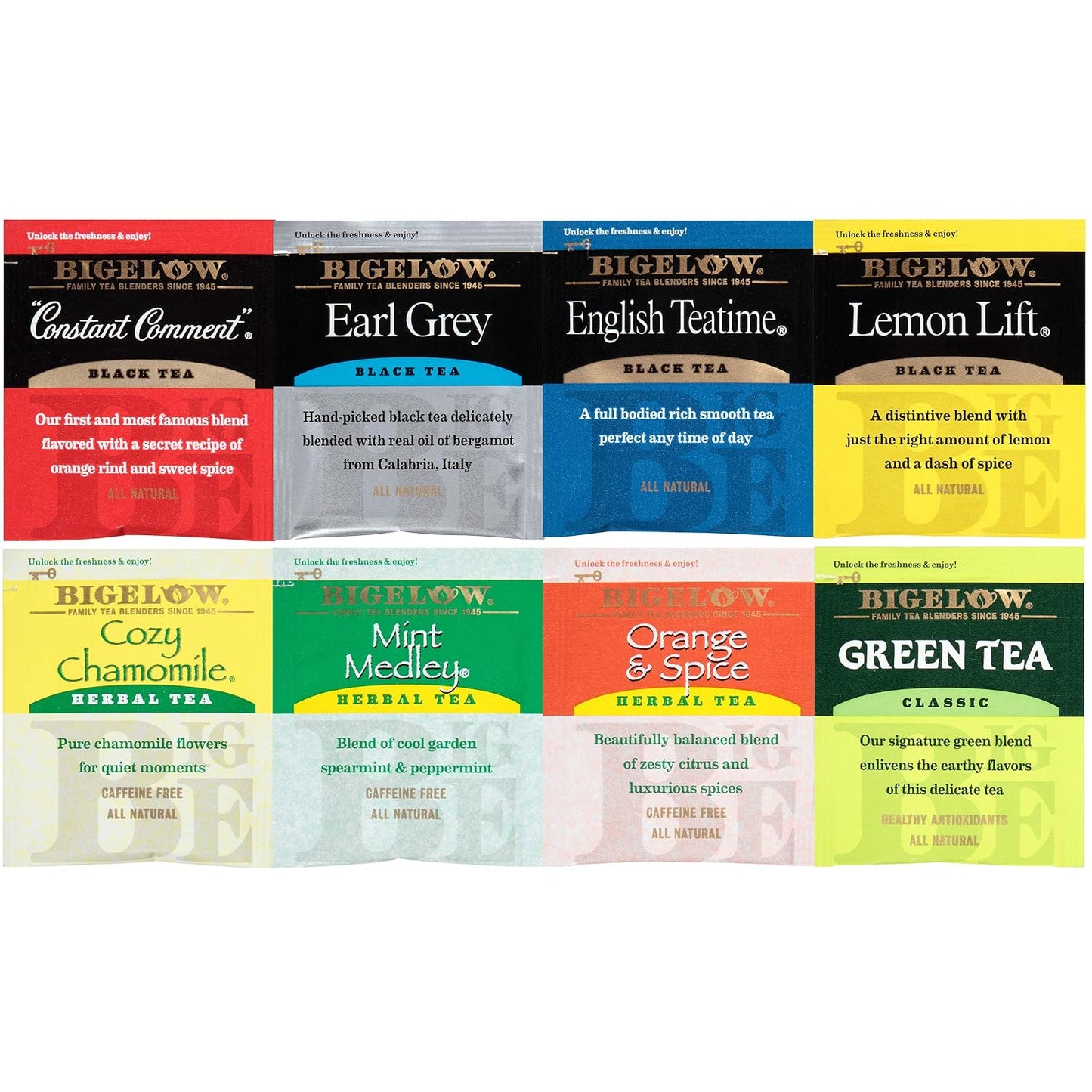Bigelow Tea Caffeine Free 6 Flavor Herbal Tea Variety Pack, Decaf Tea with Mint Medley, Cozy Chamomile, Orange and Spice, Sweet Dreams, Perfect Peach, and Lemon Ginger, (Pack of 6), 118 Total Tea Bags
