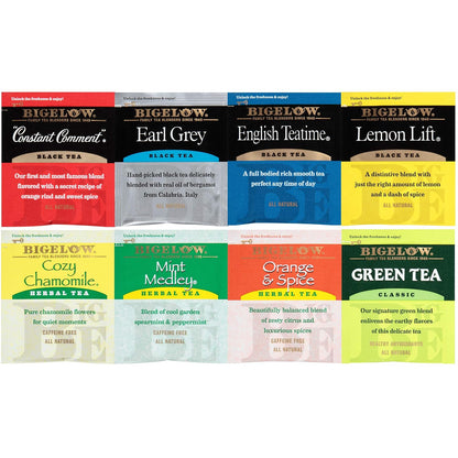 Bigelow Tea Caffeine Free 6 Flavor Herbal Tea Variety Pack, Decaf Tea with Mint Medley, Cozy Chamomile, Orange and Spice, Sweet Dreams, Perfect Peach, and Lemon Ginger, (Pack of 6), 118 Total Tea Bags