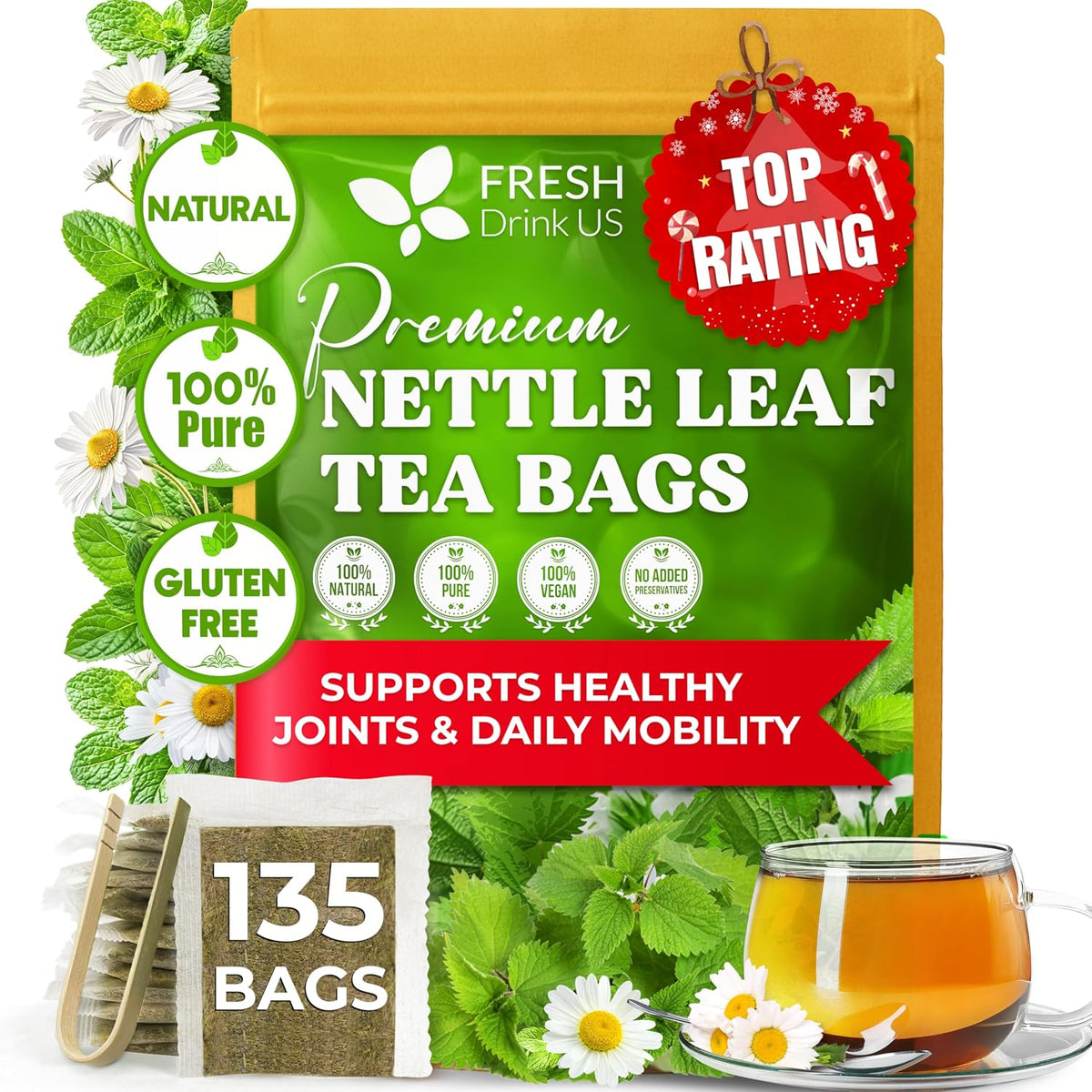 FreshDrinkUS, Premium Nettle Leaf Tea, 135 Count, Pure, Caffeine Free