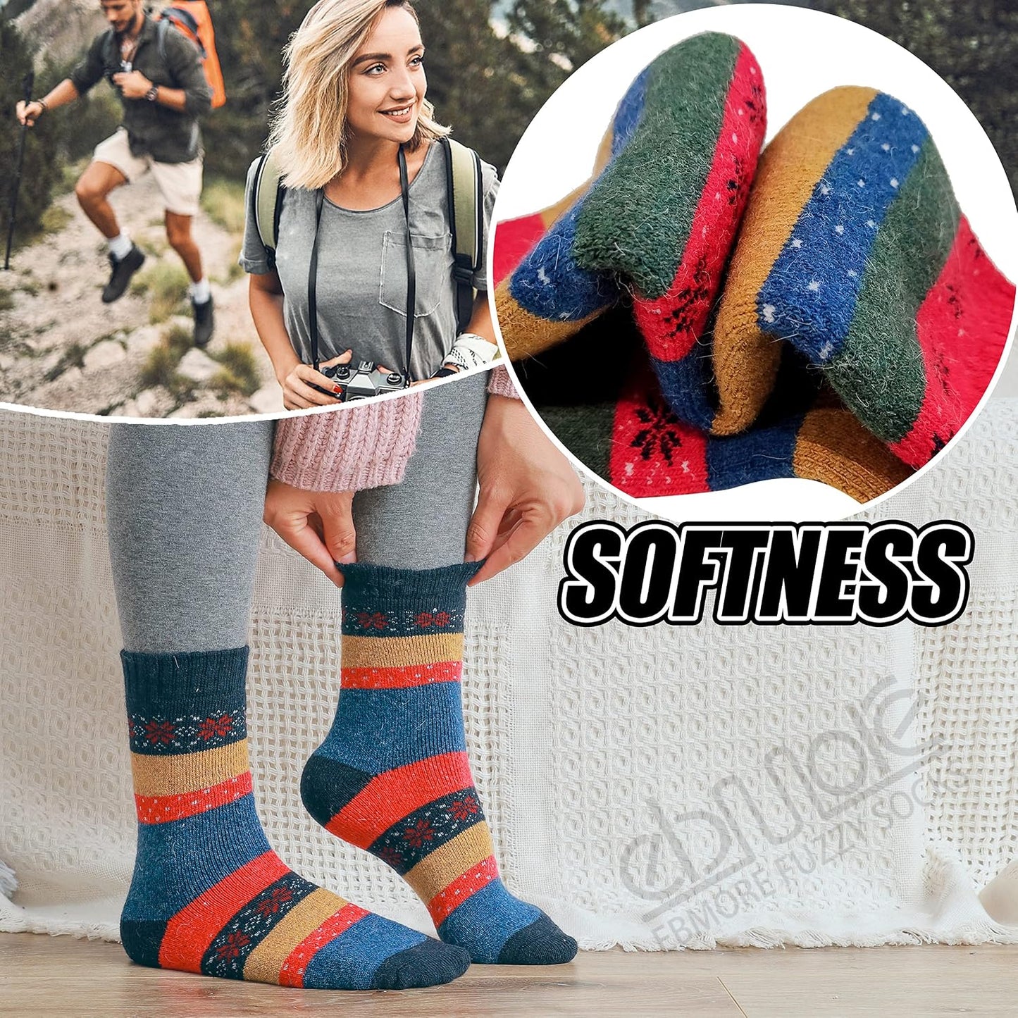 EBMORE Merino Wool Socks for Women Hiking Thermal Warm Winter Thick Boot Cozy Crew Comfy Work Socks for Ladies 5 Pairs