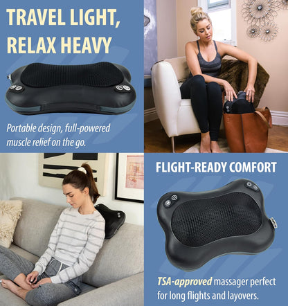 Zyllion Shiatsu Back and Neck Massager with Heat - 3D Electric Kneading Deep Tissue Massage Pillow with 8 Massaging Nodes for Muscle Pain Relief, Black, ZMA-25