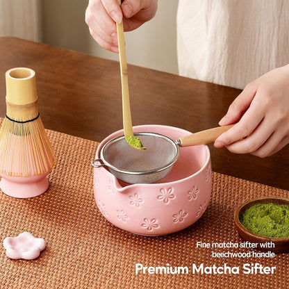 Matcha Whisk Set, Ceramic Matcha Set, 6 Pcs Matcha Kit Includes Matcha Bowl, Matcha Whisk with Holder, Bamboo Scoop, Scoop Rest, Sifter, Ceremonial Matcha Tea Set, Perfect Gifts, Blue