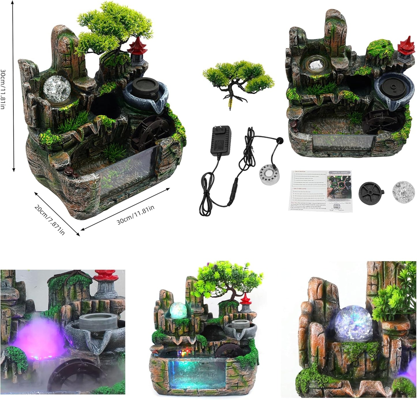 Mini Artificial Bonsai Tree Waterfall Fog Feature Rock Tabletop Fountain | 11in Desktop Decor Waterfall Fountain W/ Water Pump& Atomizer&LED Lights &Fake Tree Office Bedroom Relax