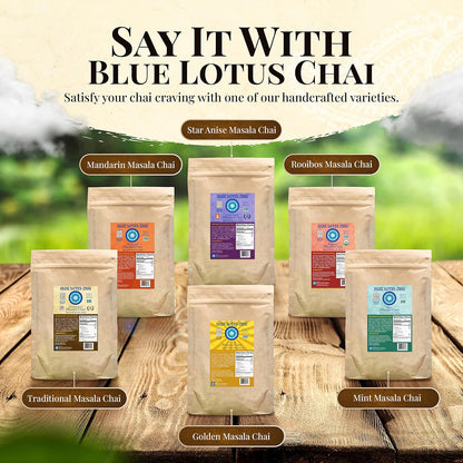 Blue Lotus Chai - Golden Masala Flavor Chai - Makes 100 Cups - 3 Ounce Masala Spiced Chai Powder with Organic Spices - Instant Indian Tea No Steeping - No Gluten