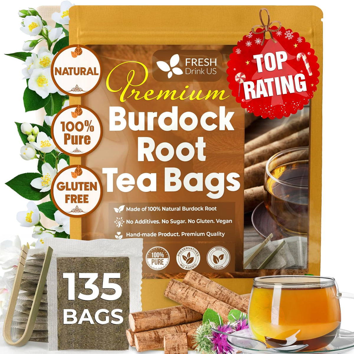 FreshDrinkUS, Premium Burdock Root Tea, 135 Count, Pure, Caffeine Free