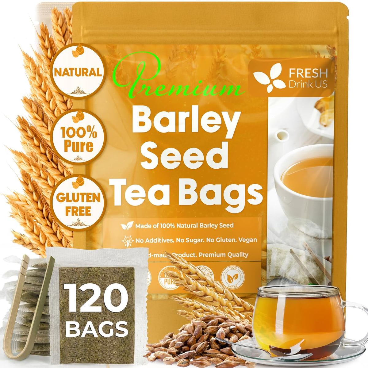 FreshDrinkUS Premium 120 Barley Tea Bags, 100% Natural & Pure. Loose Barley Herbal Tea. Made with Natural Material Tea Bags. No Sugar, No Caffeine, No Gluten, Vegan