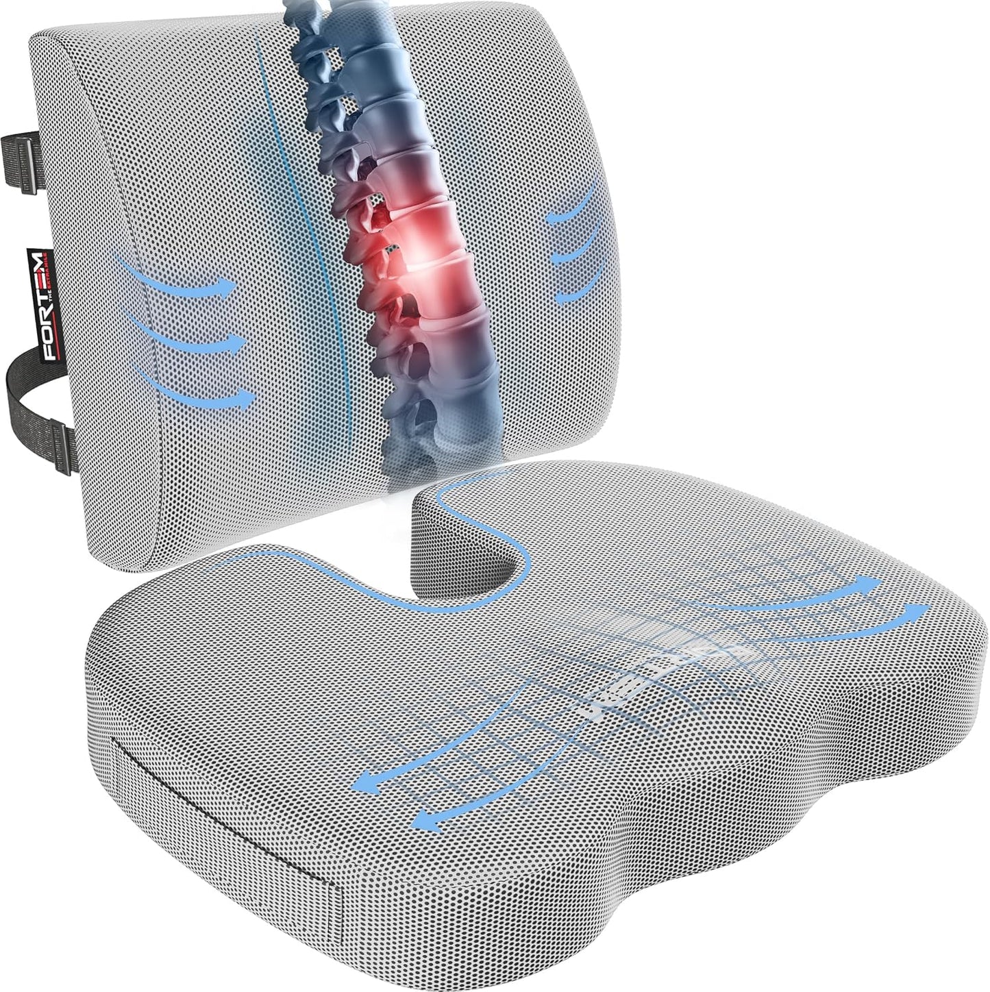 FORTEM Seat Cushion, Office Chair Cushion, Lumbar Support Pillow for Office Chair, Memory Foam Car Seat Cushions, Sciatica Coccyx Tailbone Pain Relief, Cushions for Back Support, Washable, Non Slip