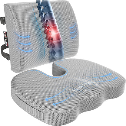 FORTEM Seat Cushion, Office Chair Cushion, Lumbar Support Pillow for Office Chair, Memory Foam Car Seat Cushions, Sciatica Coccyx Tailbone Pain Relief, Cushions for Back Support, Washable, Non Slip