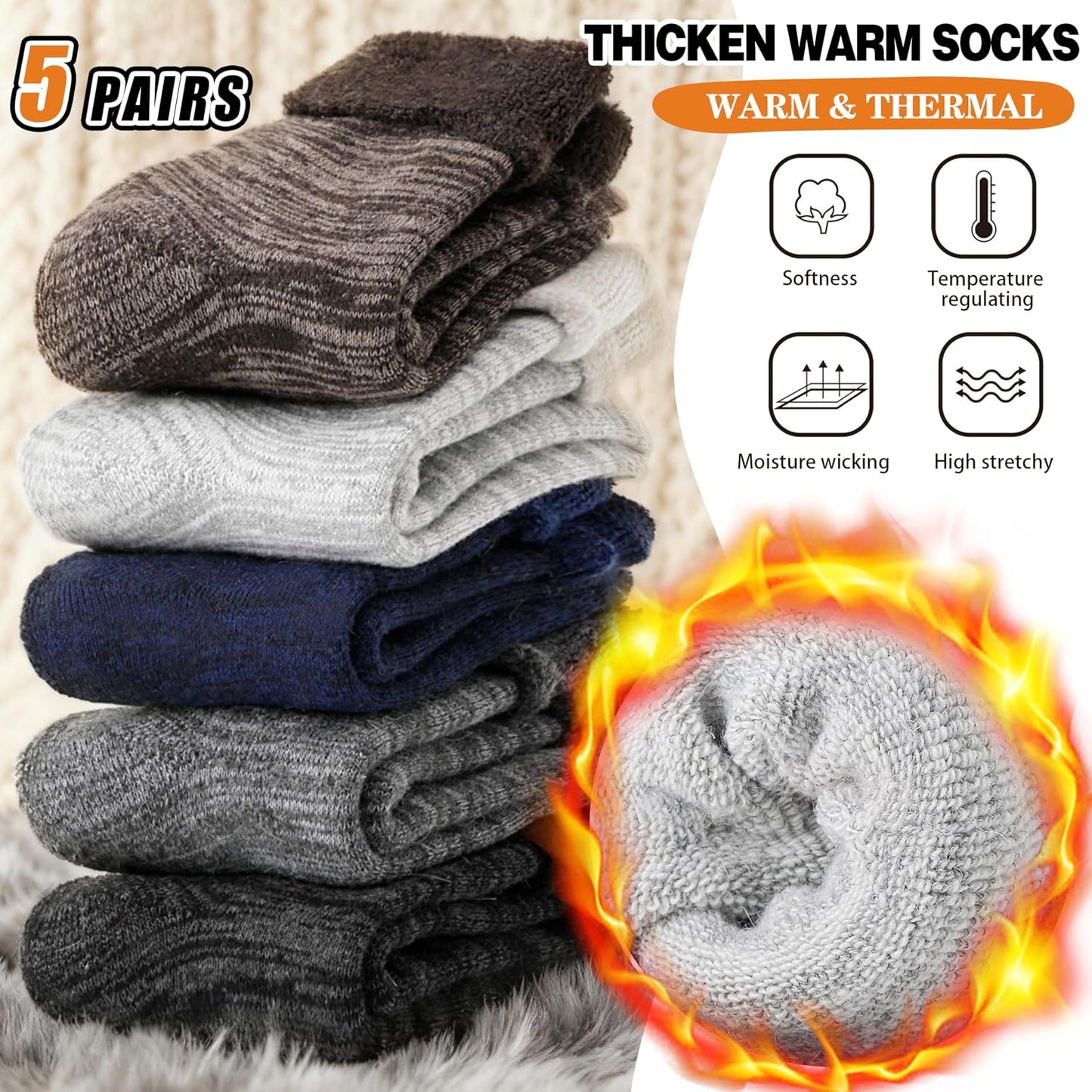 EBMORE Merino Wool Socks for Women Hiking Thermal Warm Winter Thick Boot Cozy Crew Comfy Work Socks for Ladies 5 Pairs