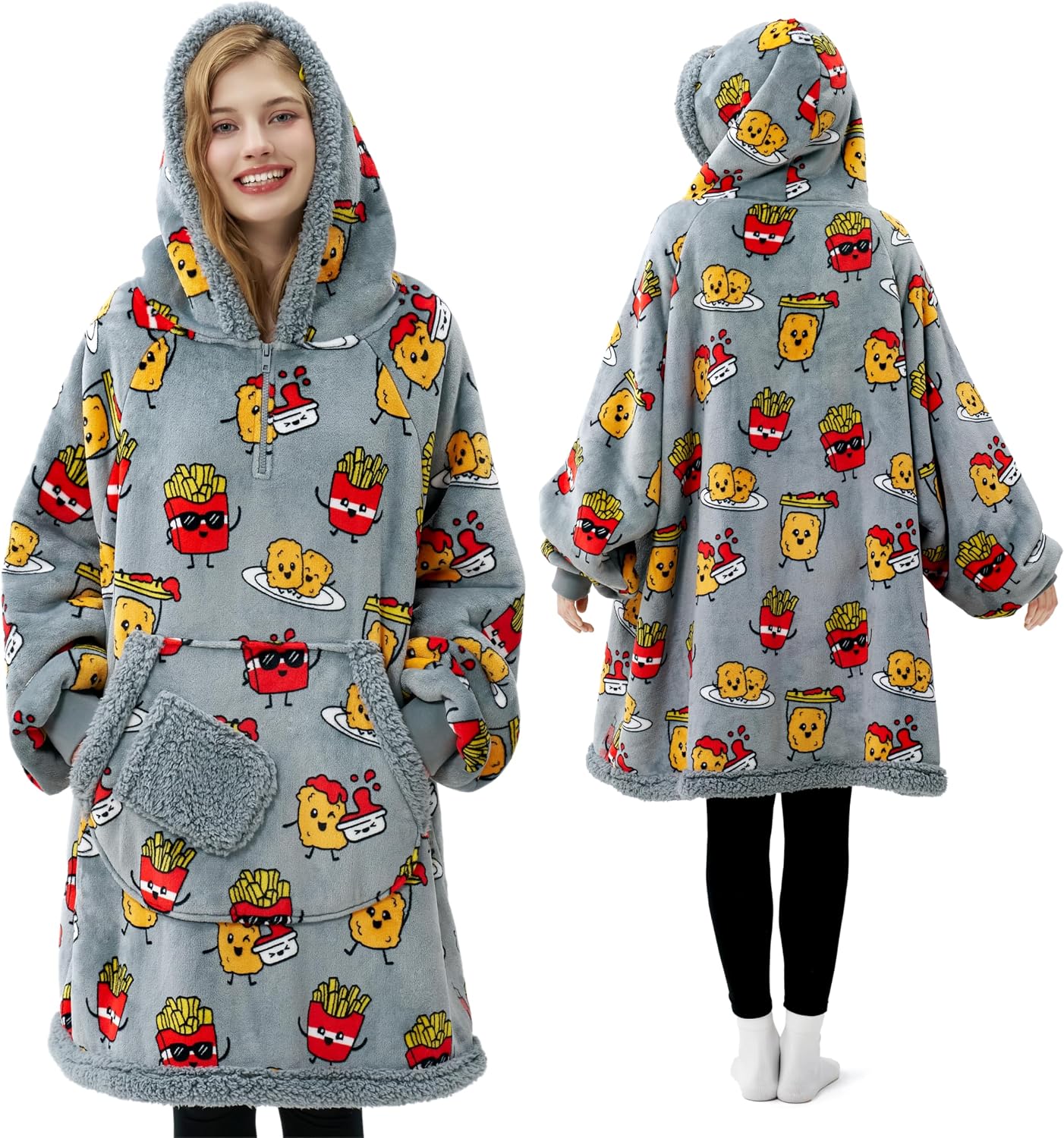 Giggling Getup Wearable Blanket Hoodie for Adults Gifts for Teen Girls Sister Women Sherpa Fleece Printed Hooded Blanket Sweatshirt Warm Cozy with Pocket & Sleeves Beige Cat