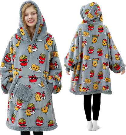 Giggling Getup Wearable Blanket Hoodie for Adults Gifts for Teen Girls Sister Women Sherpa Fleece Printed Hooded Blanket Sweatshirt Warm Cozy with Pocket & Sleeves Beige Cat