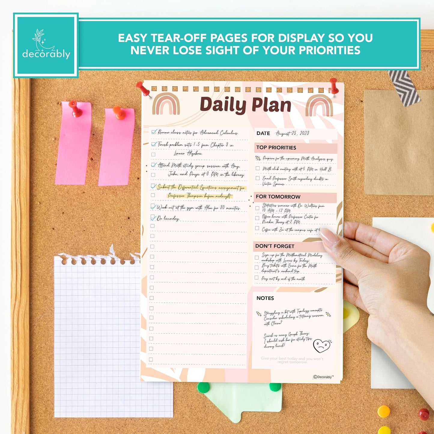 Decorably 52 Sheets Boho Undated Daily to Do List Notepad, 6.5x10in Spring-Bound Planner Pad, Easy Tear-Off Design, with Priorities, Checklist, Agenda, Reminders, Notes - Home, School, Office