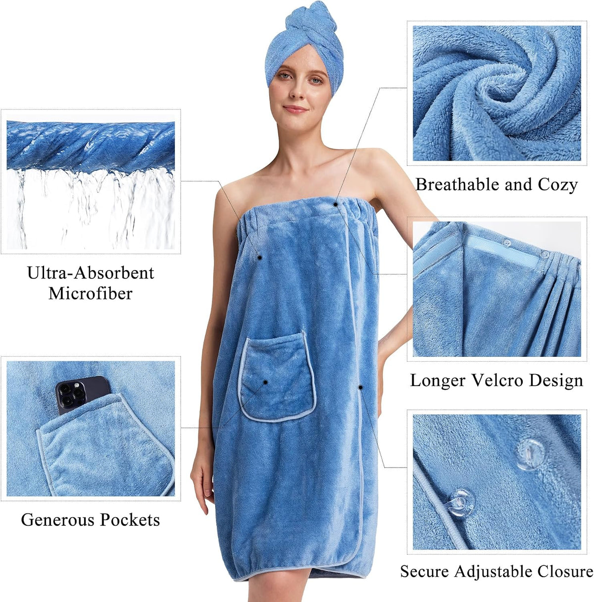 PJGGZ Towel Wrap for Women, Adjustable Button Quick Dry Absorbent Bath Wrap