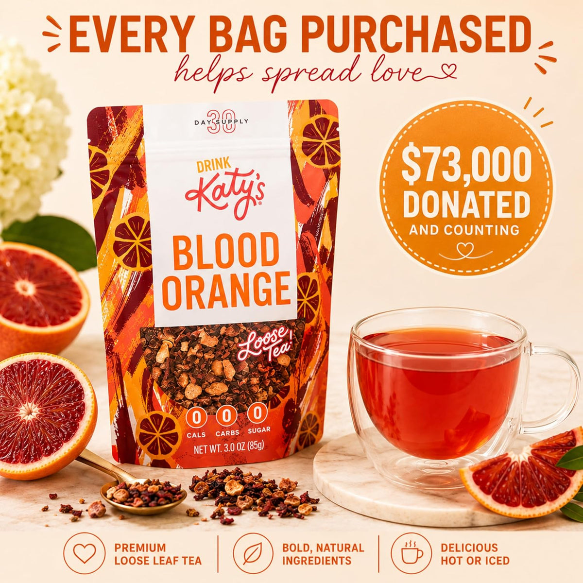 Katy’s Blood Orange Loose Tea - Hibiscus, Orange & Rose Hips - Loose Leaf Herbal Tea, Caffeine-Free, Sugar-Free - Hot or Iced Tea - 30+ Cups