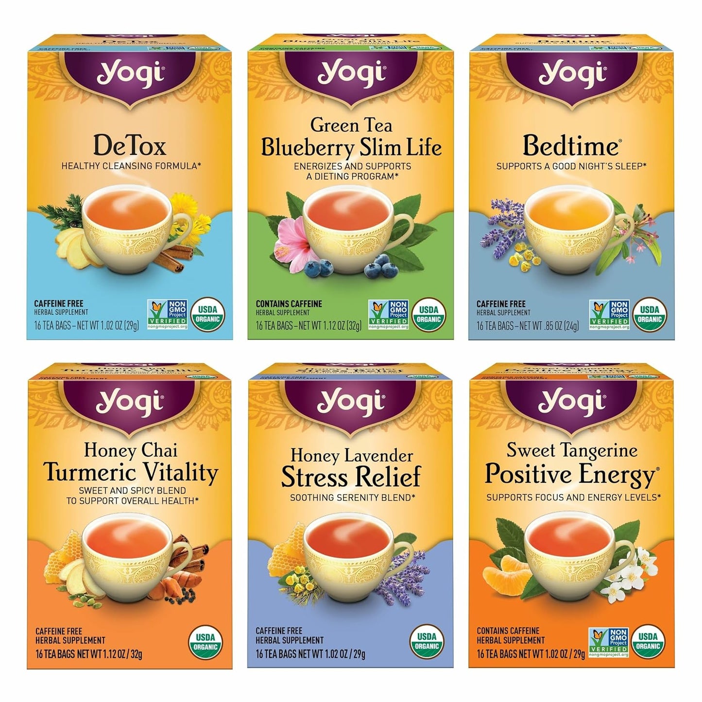 Yogi Tea Favorites Variety Pack - 16 Bags per Pack (6 Packs) - Organic Gift Box - Includes Sweet Tangerine Positive Energy, Honey Lavender Stress Relief, Bedtime & More