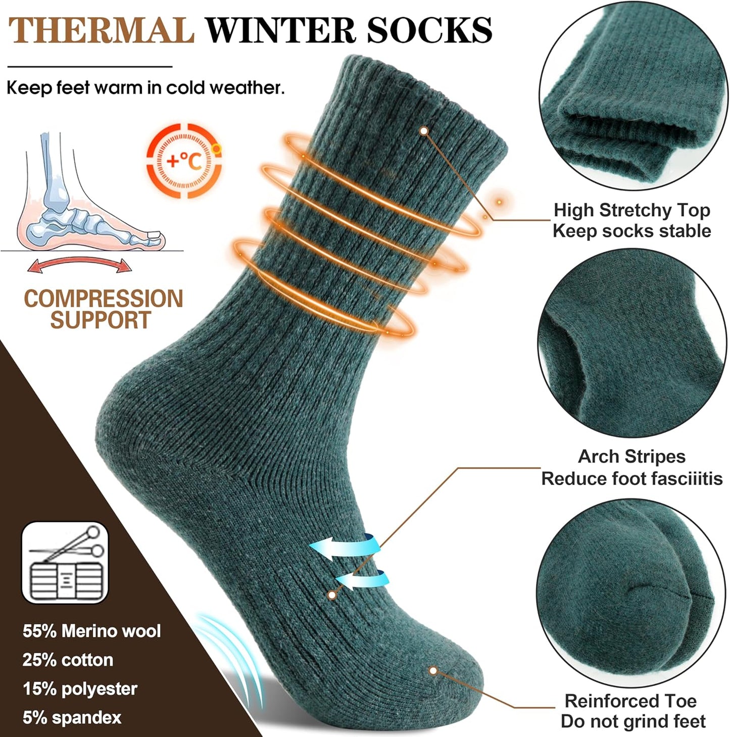 MOGGEI 5 Pairs Womens Merino Wool Socks Hiking Warm Winter Thick Thermal Crew Cozy Cabin Ladies Gift Comfy Boot Work Socks