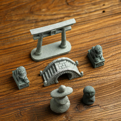 6 PCS Mini Zen Garden Accessories, Miniature Garden Bridge Foo Dogs Torii Gate Sandstone Figurines Meditation Zen Decor Japanese Fish Tank Terrarium Bonsai Decorations (Art Deco)