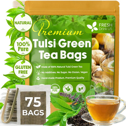 FreshDrinkUS, Premium 75 Tulsi Green Tea Bags, 100% Natural & Pure, Herbal Tea, No Sugar, No Caffeine, No Gluten, Vegan.