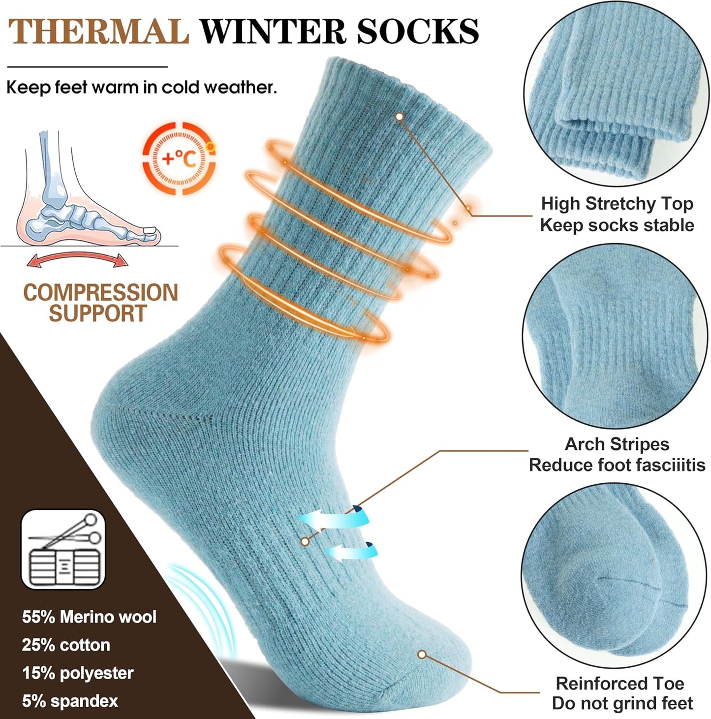 MOGGEI 5 Pairs Womens Merino Wool Socks Hiking Warm Winter Thick Thermal Crew Cozy Cabin Ladies Gift Comfy Boot Work Socks