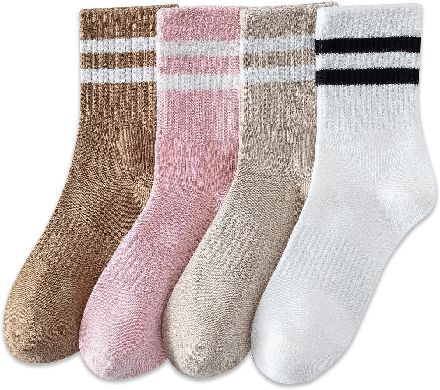 YUWELL Womens Striped Crew Socks, Cotton Cozy Casual Socks for Women 4 Pairs, Size 5-10