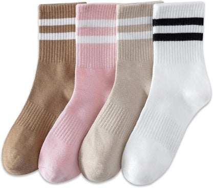 YUWELL Womens Striped Crew Socks, Cotton Cozy Casual Socks for Women 4 Pairs, Size 5-10
