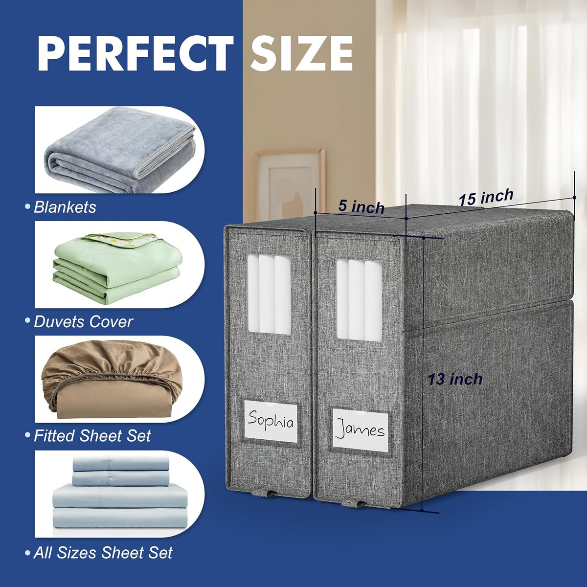 Furnhome Bed Sheet Organizers and Storage, Foldable Linen Closet Organizer Box with Clear Window, Labels & Reinforced Handles, Stackable Space Saving Bedding Storage for King Queen Sheet Set