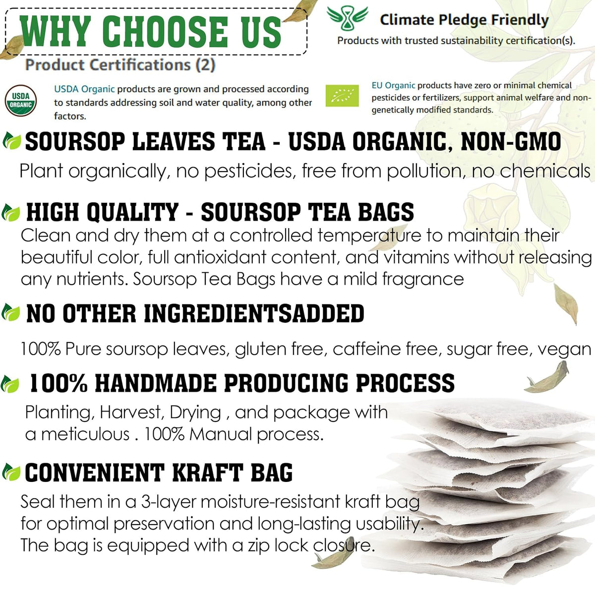 KEYXE - USDA Organic Soursop Graviola Leaves Tea 50 Bags. Non-GMO Verified , 100% Organic Soursop Leaves for Digestion, Boosting Immune, Improving Sleep & Skin Health, Gluten Free, Caffein Free , Hojas De Guanabana Tea Organica, Eco-Conscious Tea Bags
