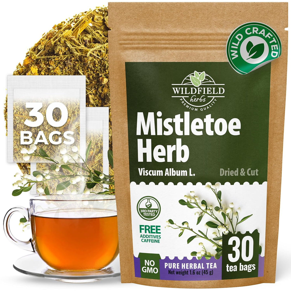 30 Bags Dried Mistletoe Herb Tea (Viscum) - 30 Count 1.5g Tea Bags Mistletoe Herb Muerdago