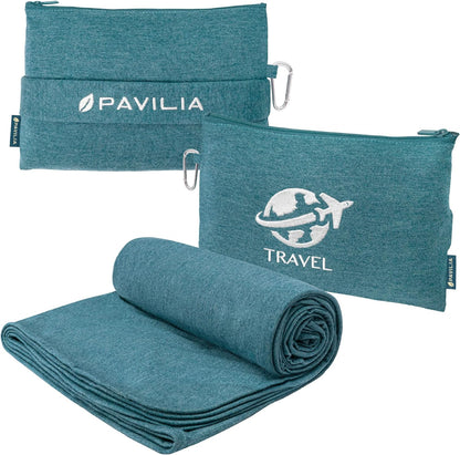 PAVILIA Travel Blanket Compact, Airplane Packable Bag, Soft Fleece Portable Throw Pillow Combo Set, Plane Flight Car Trips Essentials Gift Accessories, Luggage Backpack Clip, Navy Blue, 65 x 40 inch